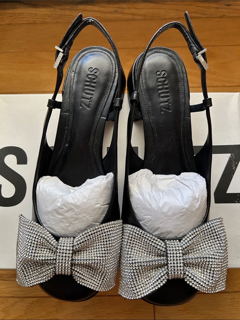 SCHUTZ Black Slingback Heels with Crystal Bow